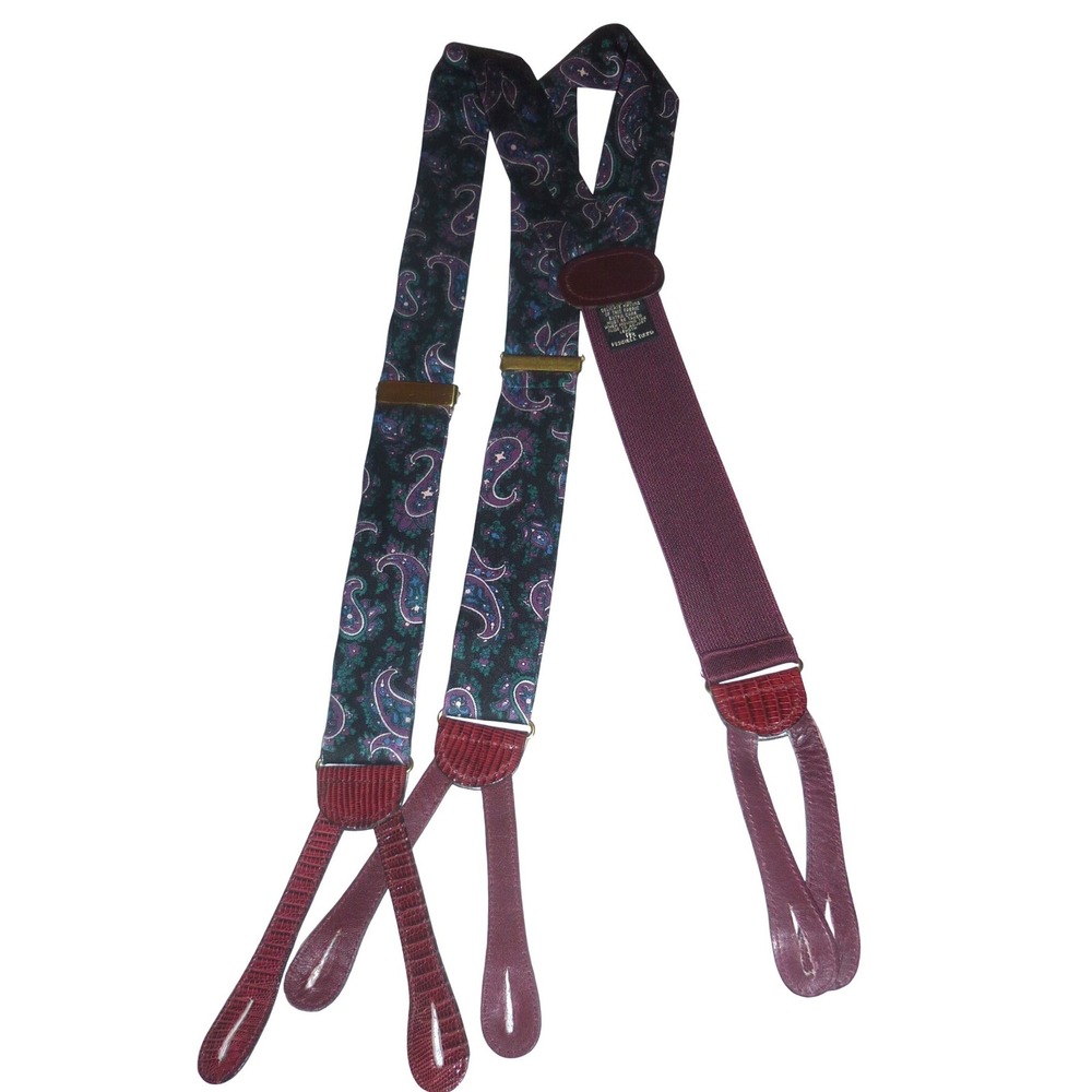 Ferrell Reed Mens Silk Paisley Suspenders Button End Braces Lizard Leather Trim